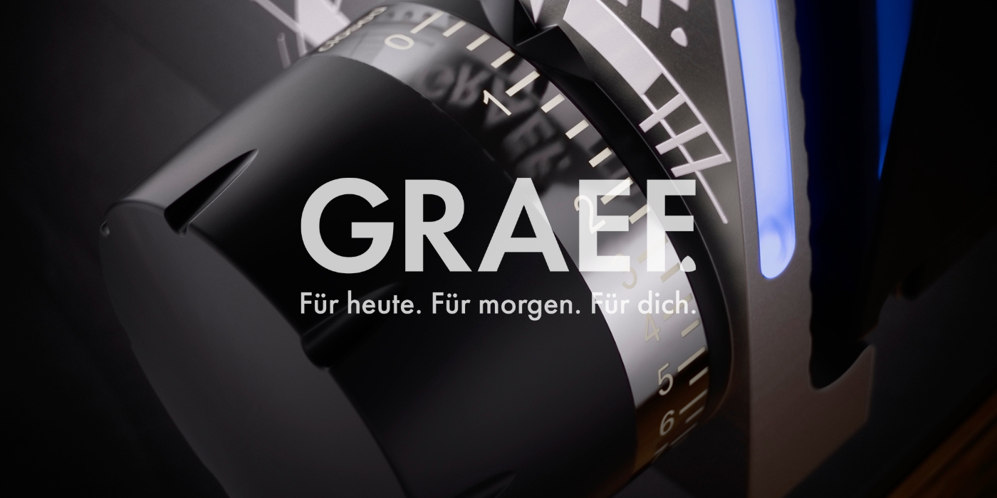 GRAEF-Produkt, Nahaufnahme, Fokus auf das Einstellrad, Text: Für heute. Für morgen. Für dich.