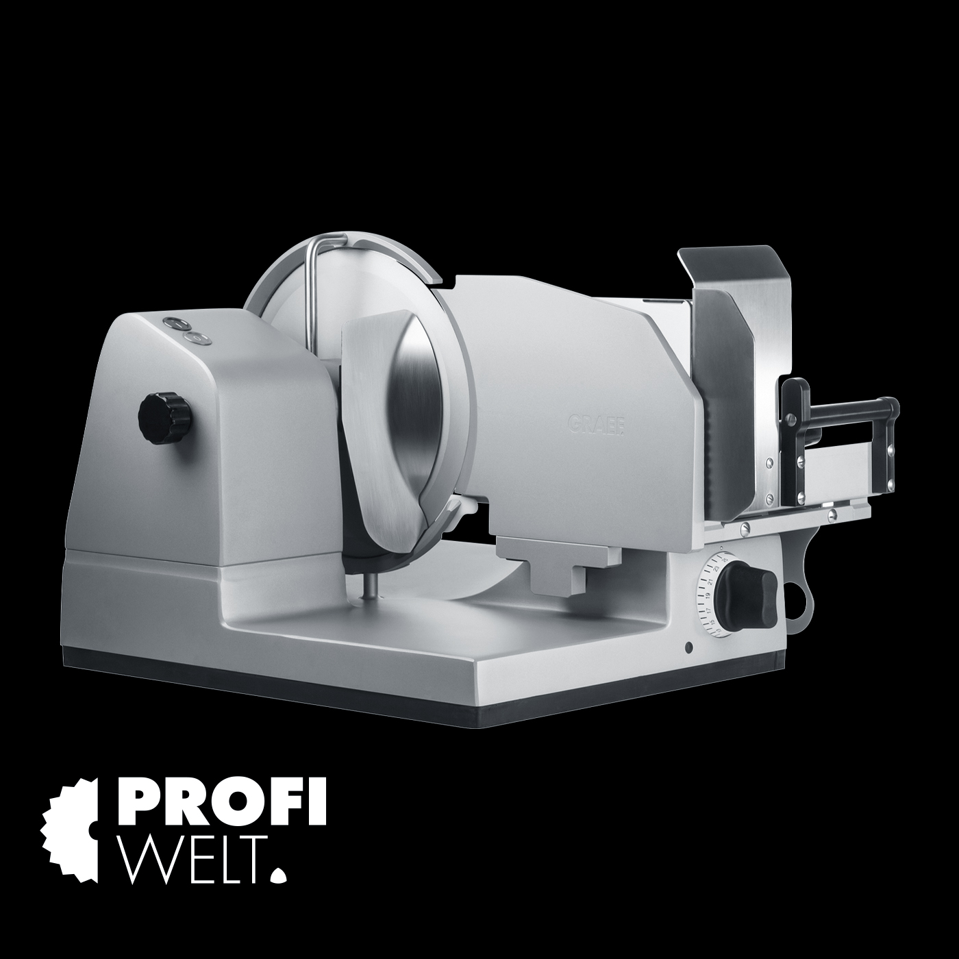 Graef Allesschneider, silberfarben, professionelles Küchengerät, schwarzer Hintergrund
