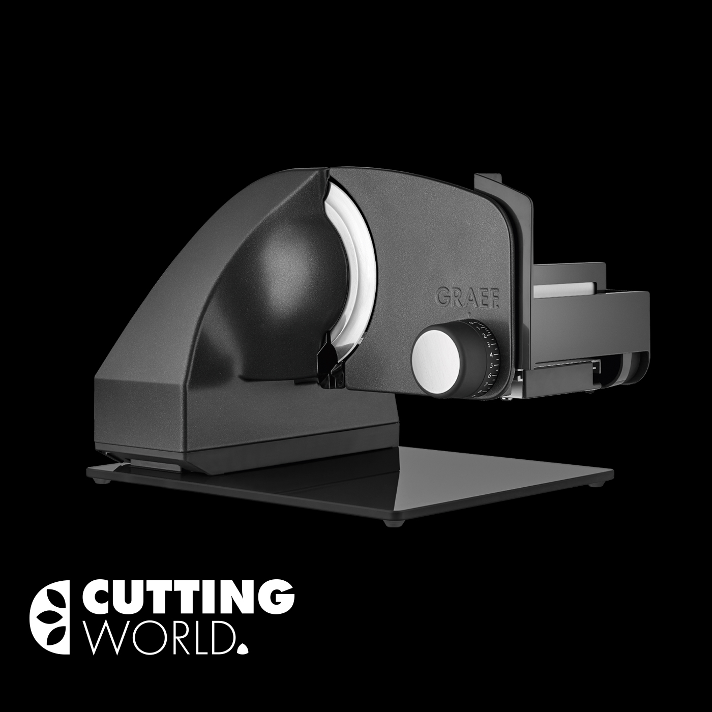 Black slicer with 'CUTTING WORLD' logo on a black background, product shot.