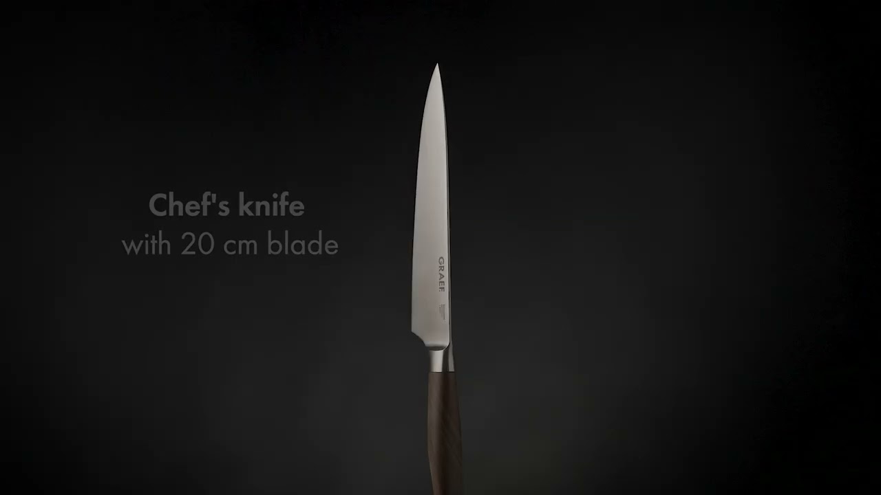 A sharp chef's knife with a 20 cm blade and a dark handle.