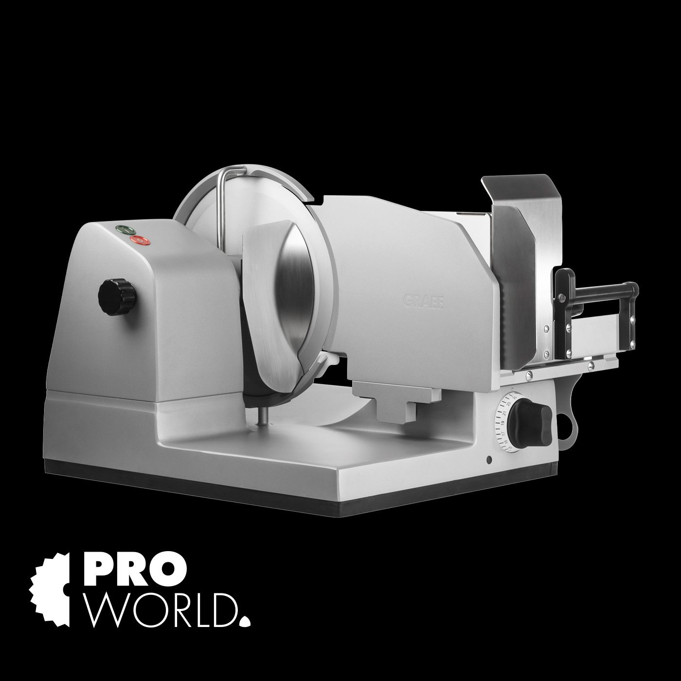 Silver Graef meat slicer on black background with Pro World logo, kitchen appliance