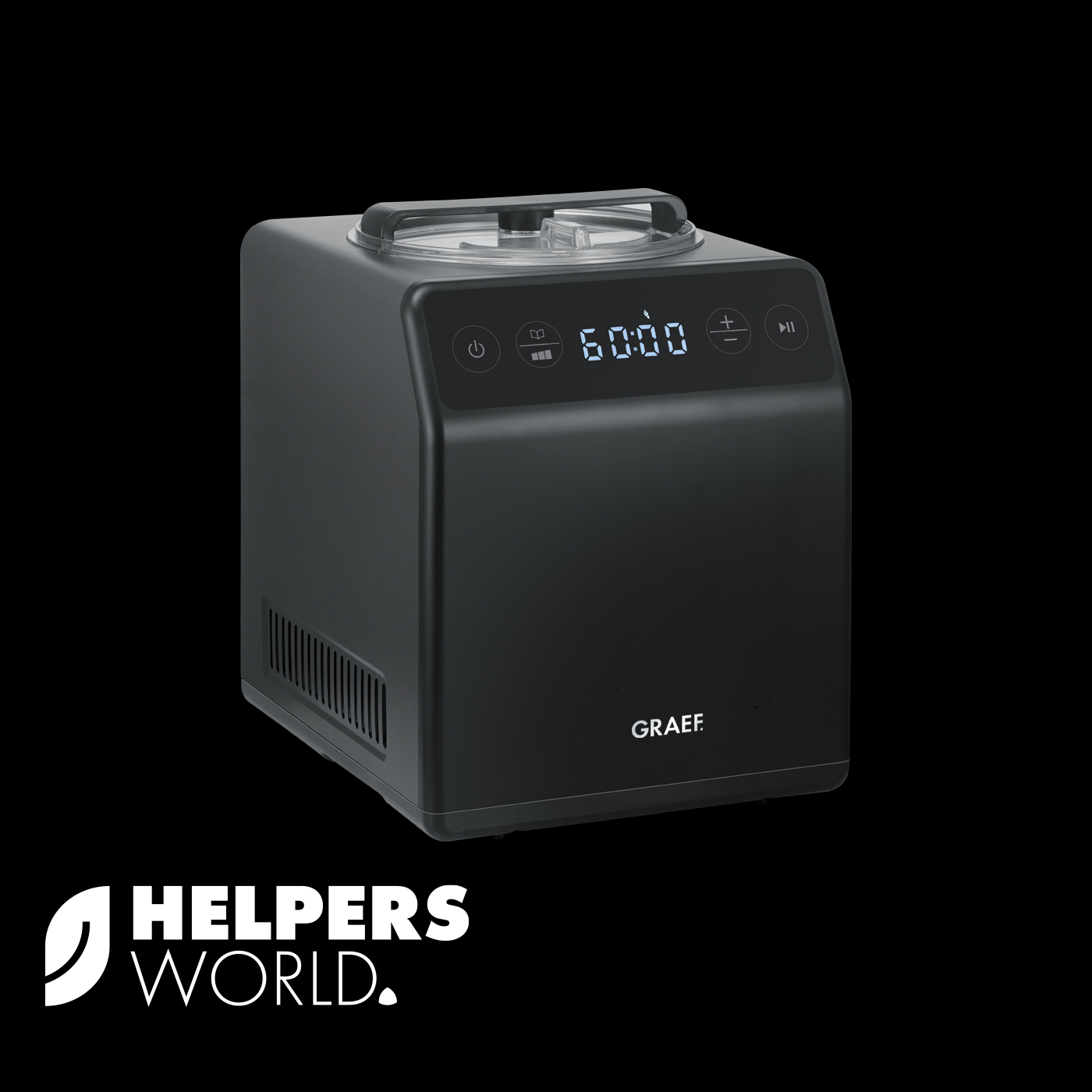 Black ice cream maker with digital display and GRAEF logo on black background.