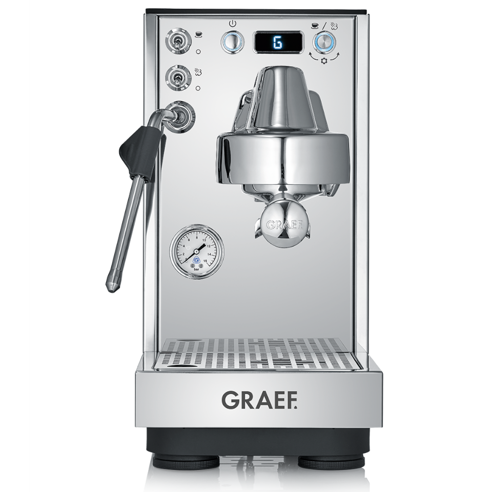 Chrom-Espressomaschine mit Manometer und GRAEF-Logo, Digitalanzeige, Dampfstab