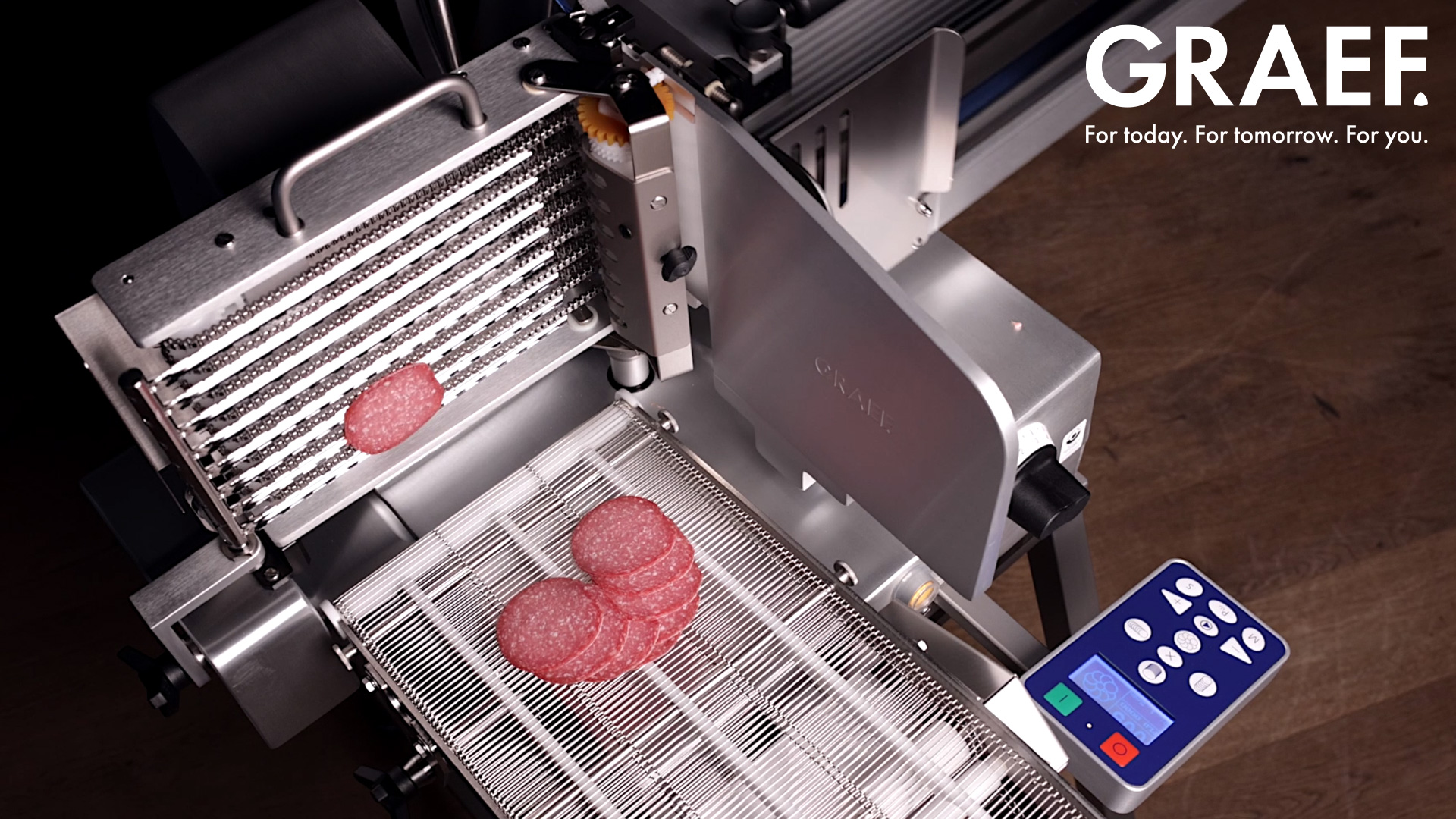 GRAEF slicer with salami slices, modern and efficient food preparation.