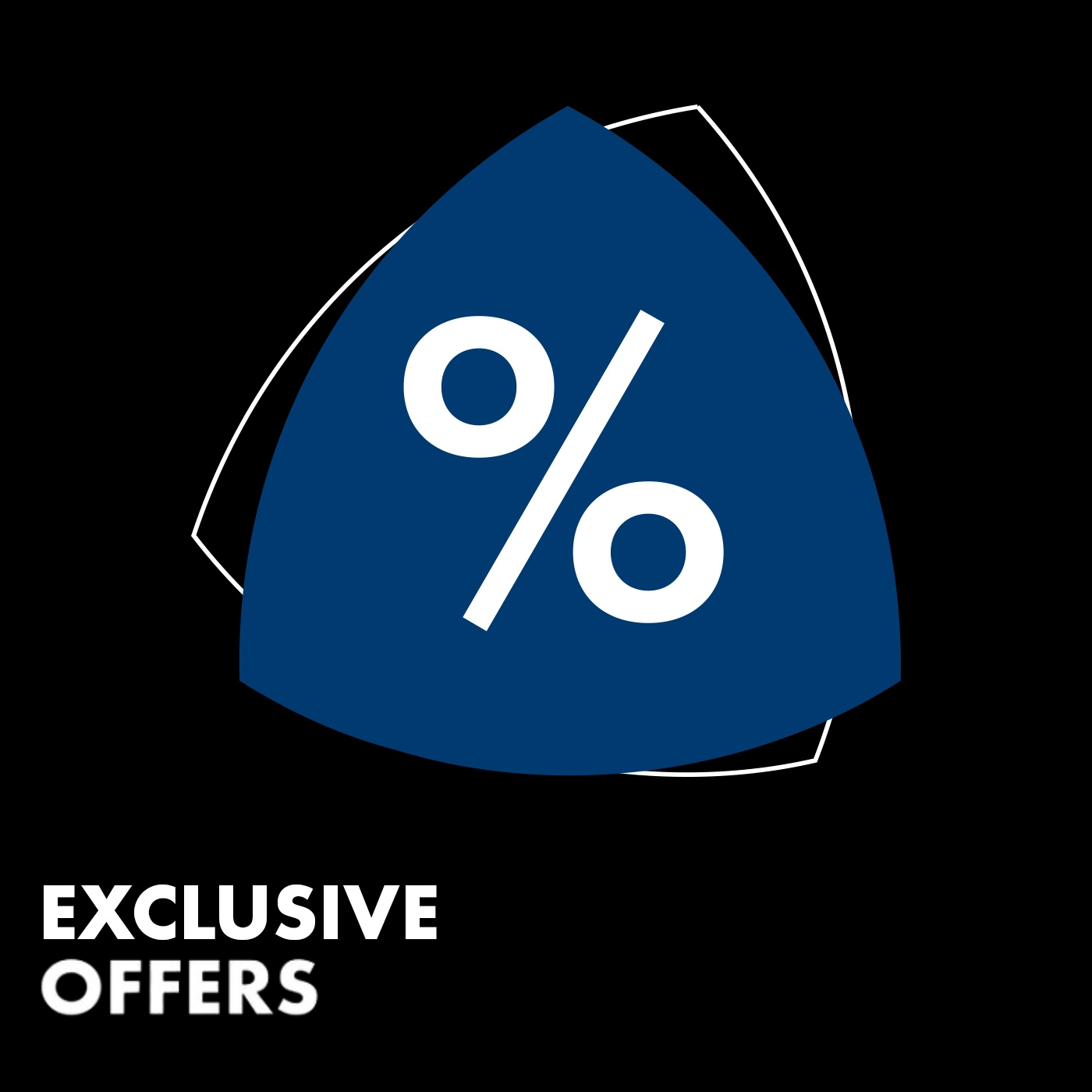 Exclusive offers with a percentage sign on a blue shape, black background.