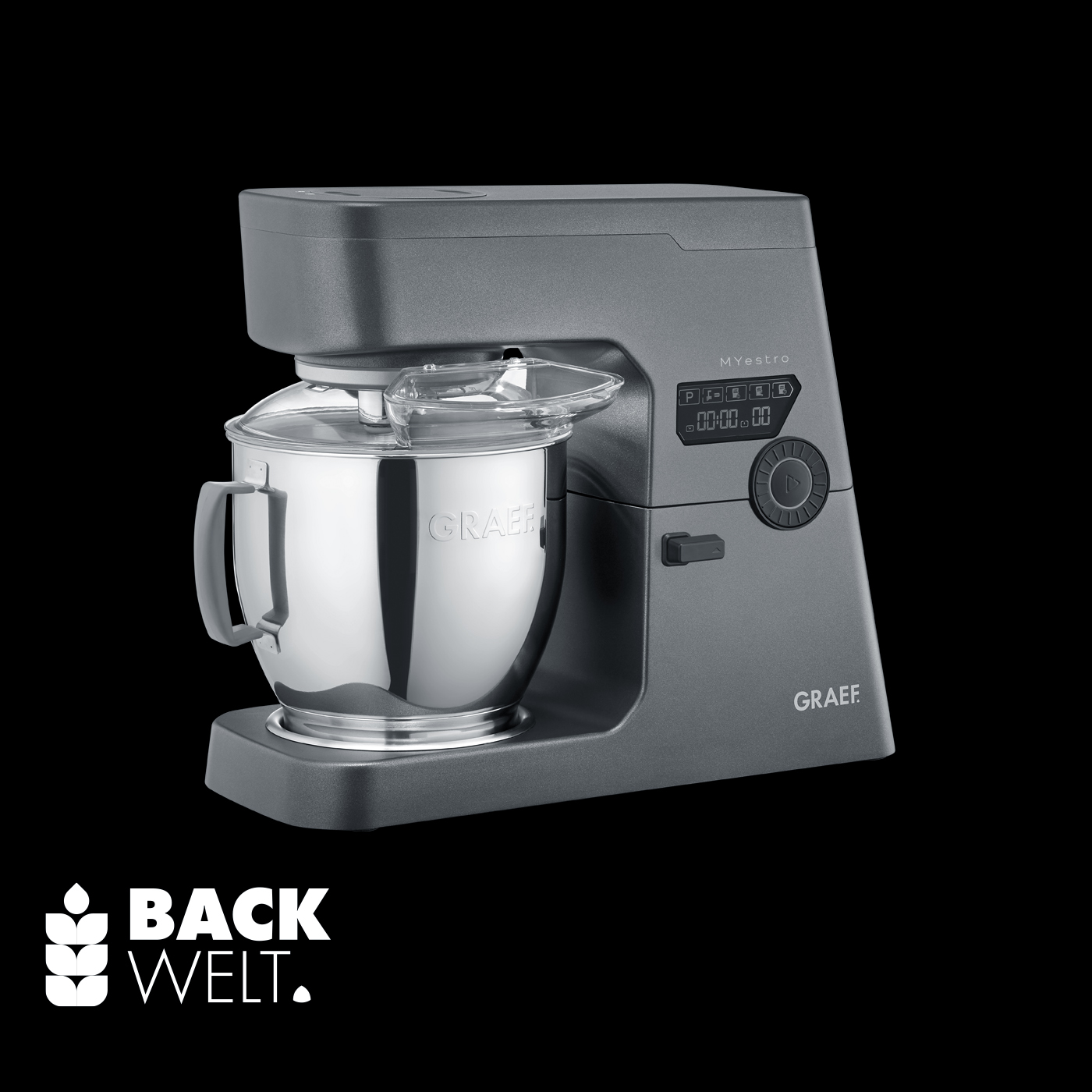 Graef Küchenmaschine, grau, mit Schüssel und Zubehör, auf schwarzem Hintergrund