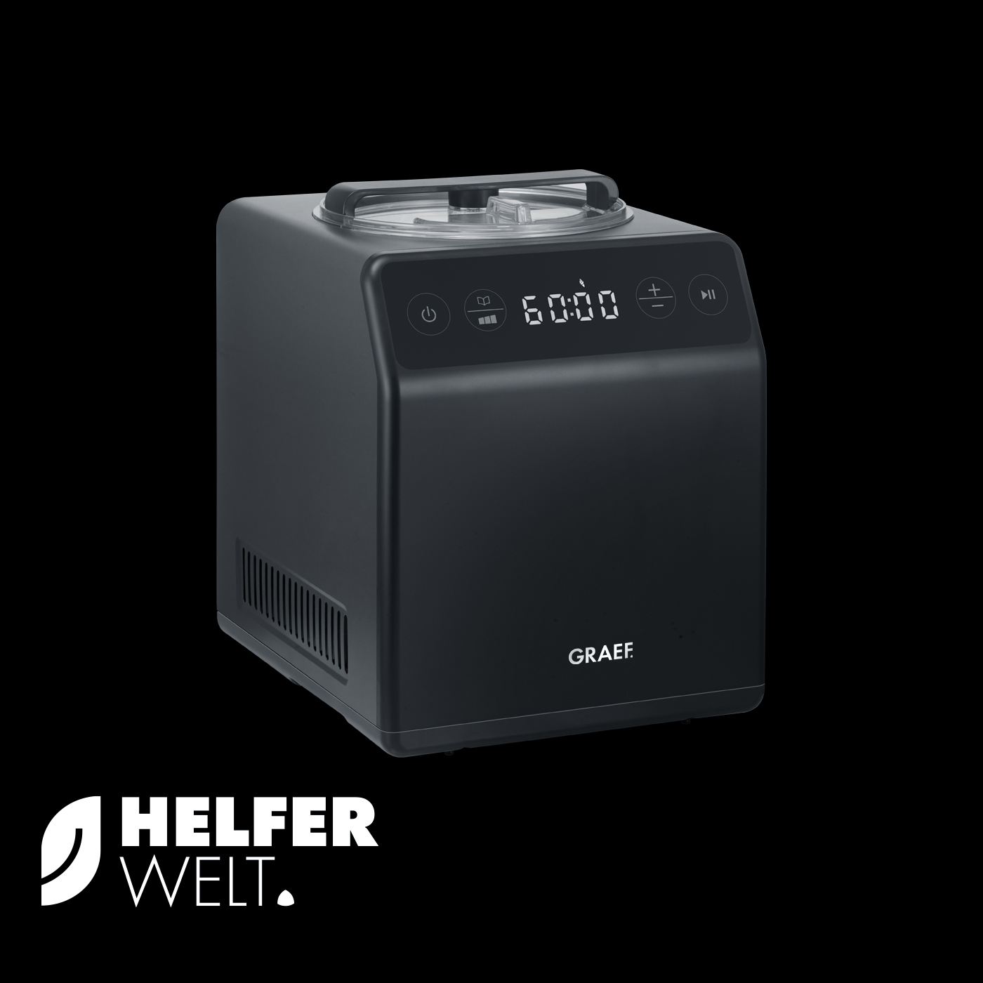 Schwarze Eismaschine mit digitaler Anzeige und GRAEF-Logo auf schwarzem Hintergrund.