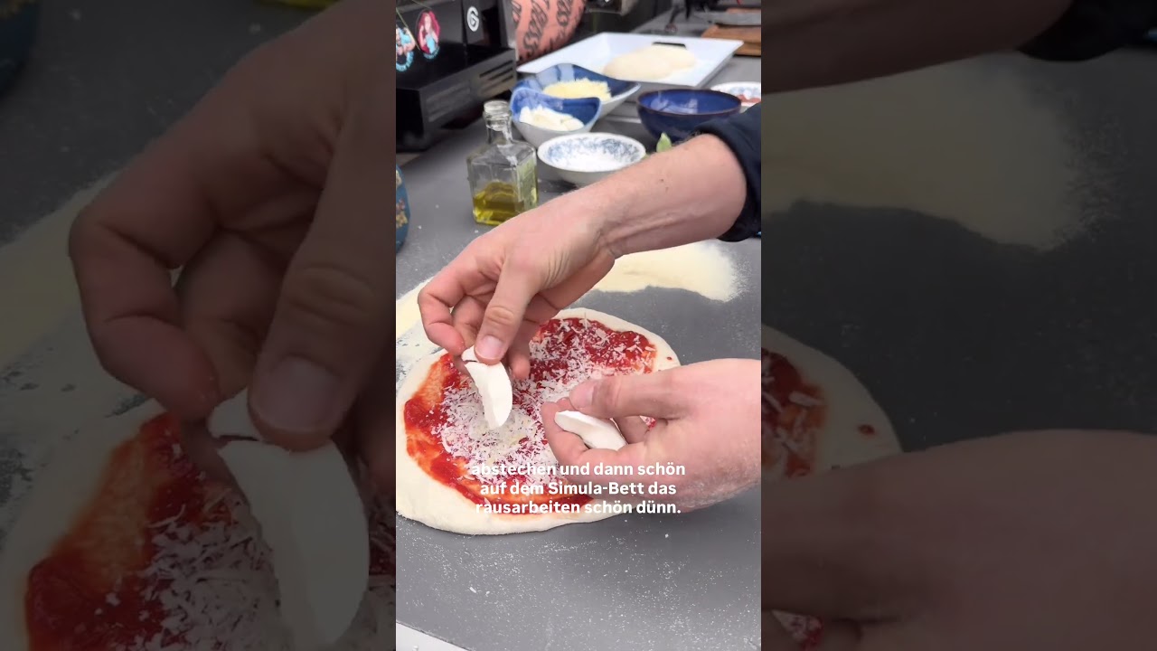 Person is putting cheese on pizza, text: cut and then nicely work out on the Simula bed thin.