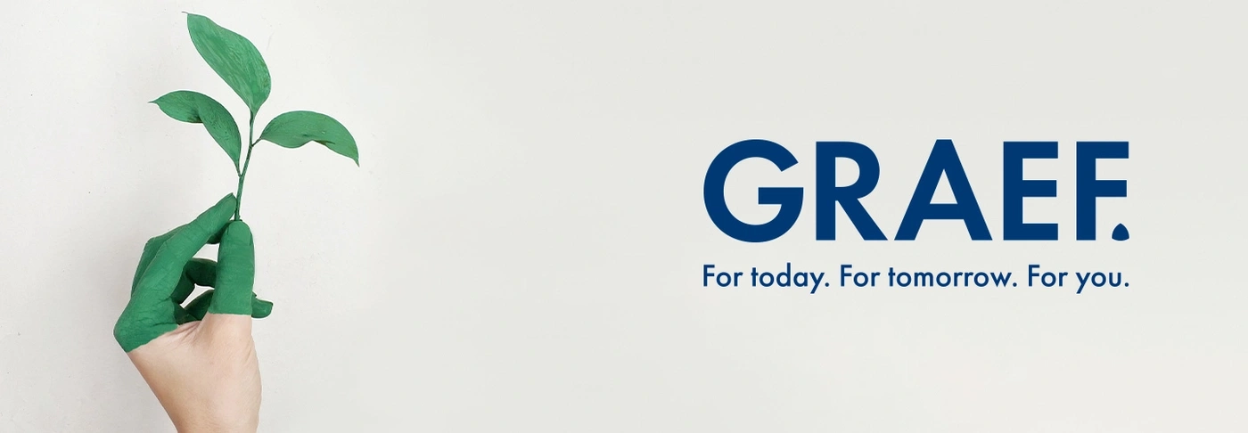Hand holding green leaves, GRAEF logo, for today, tomorrow, and you.