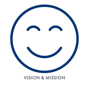Blauer Kreis mit lächelndem Gesicht und Text 'VISION & MISSION' darunter.