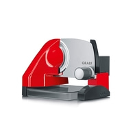 Red electric slicer with silver blade and GRAEF logo, perfect for kitchen use.
