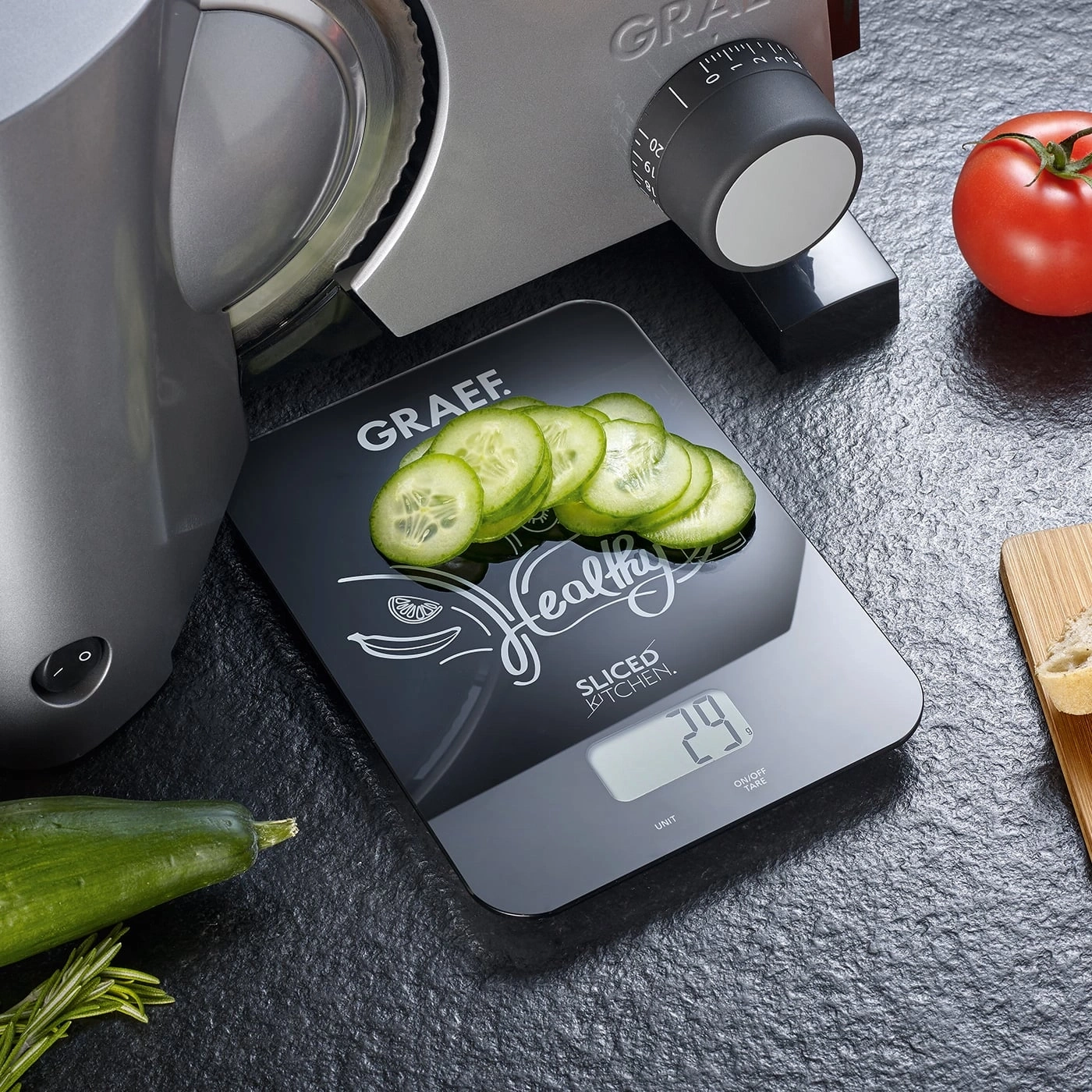 Vegetable slicer, scale, cucumber slices, tomato, kitchen, healthy, GRAEF, 29g, sliced, food