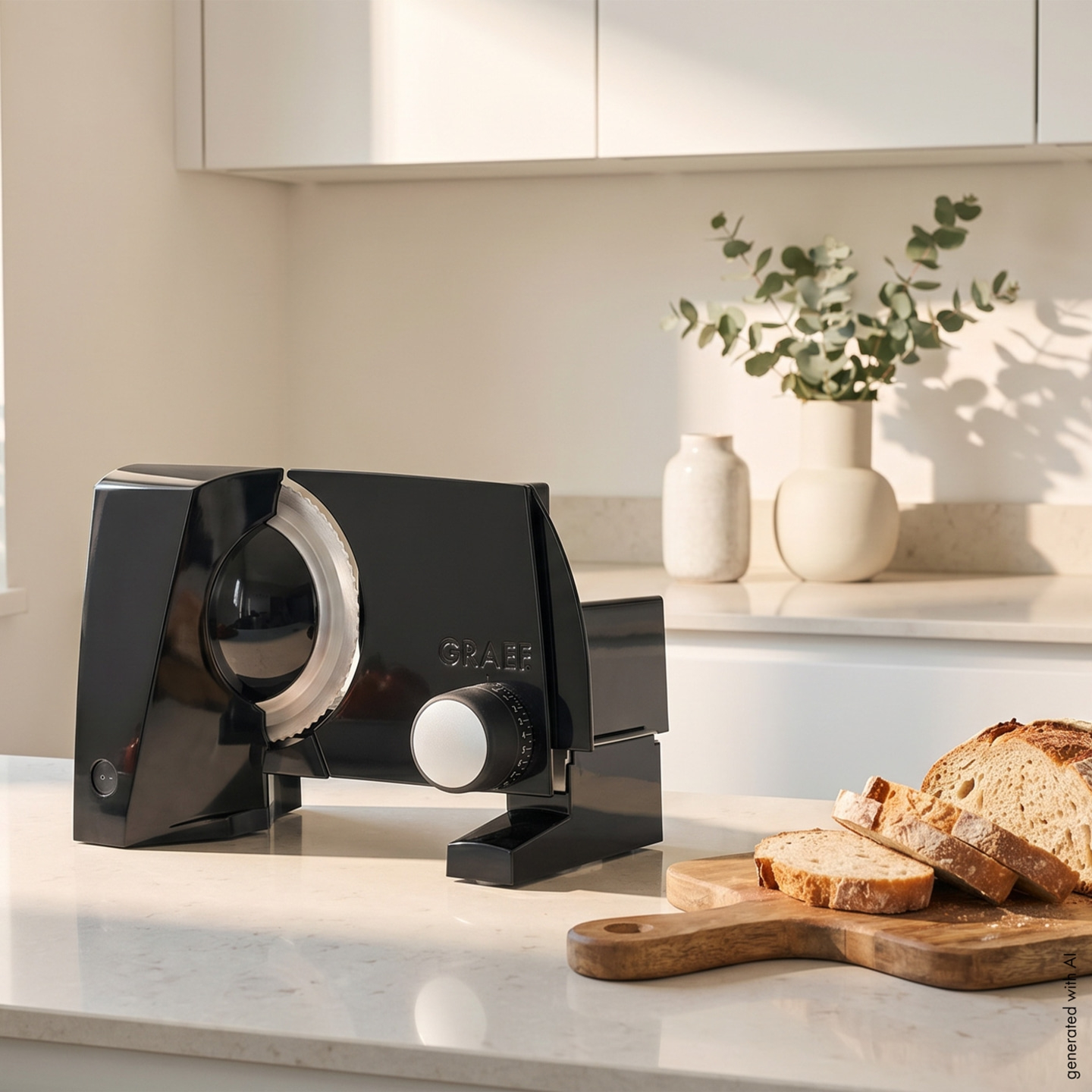A black bread slicer sits on a countertop next to sliced bread.