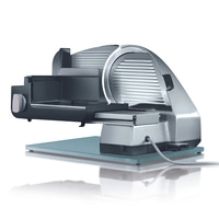 Elektrische Aufschnittmaschine, silberfarben, mit Schneideblatt und Basis, isoliert auf Weiß