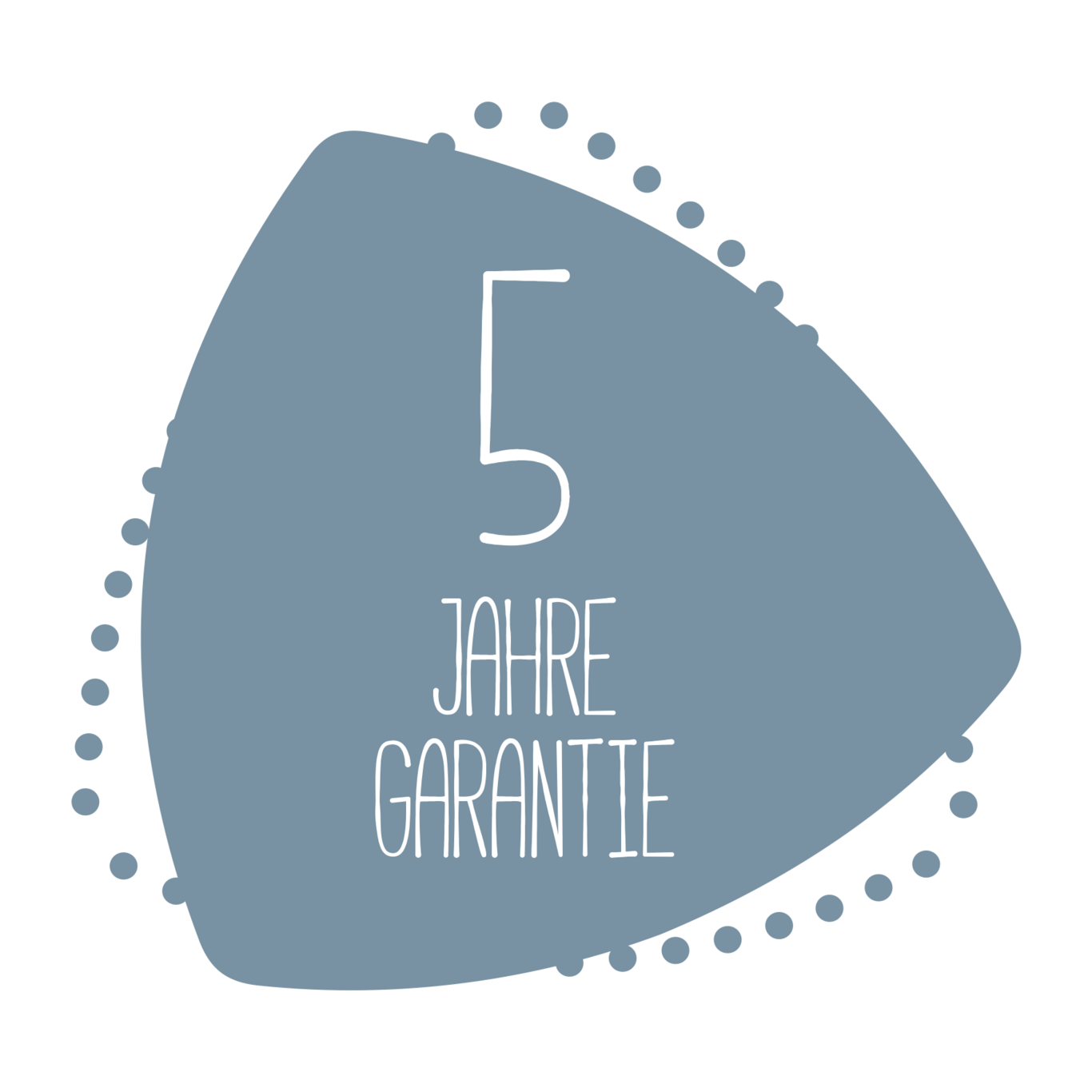 5 Jahre Garantie, blaues Schild mit weißer Schrift und Punkten