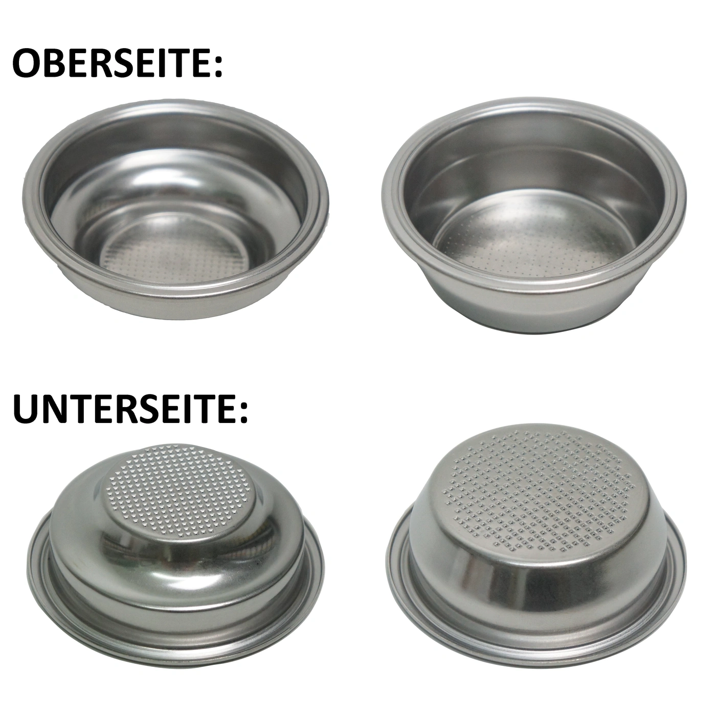 Espresso portafilter: top and bottom, stainless steel, holes, coffee preparation, detail shot