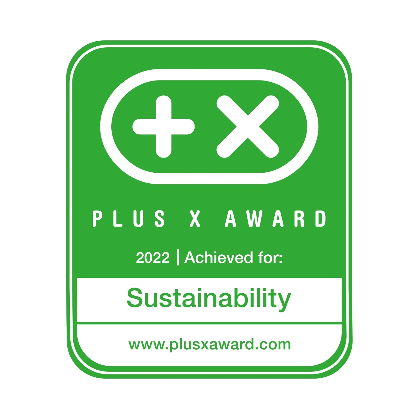 Plus X Award 2022 for Sustainability, green logo with text and symbols