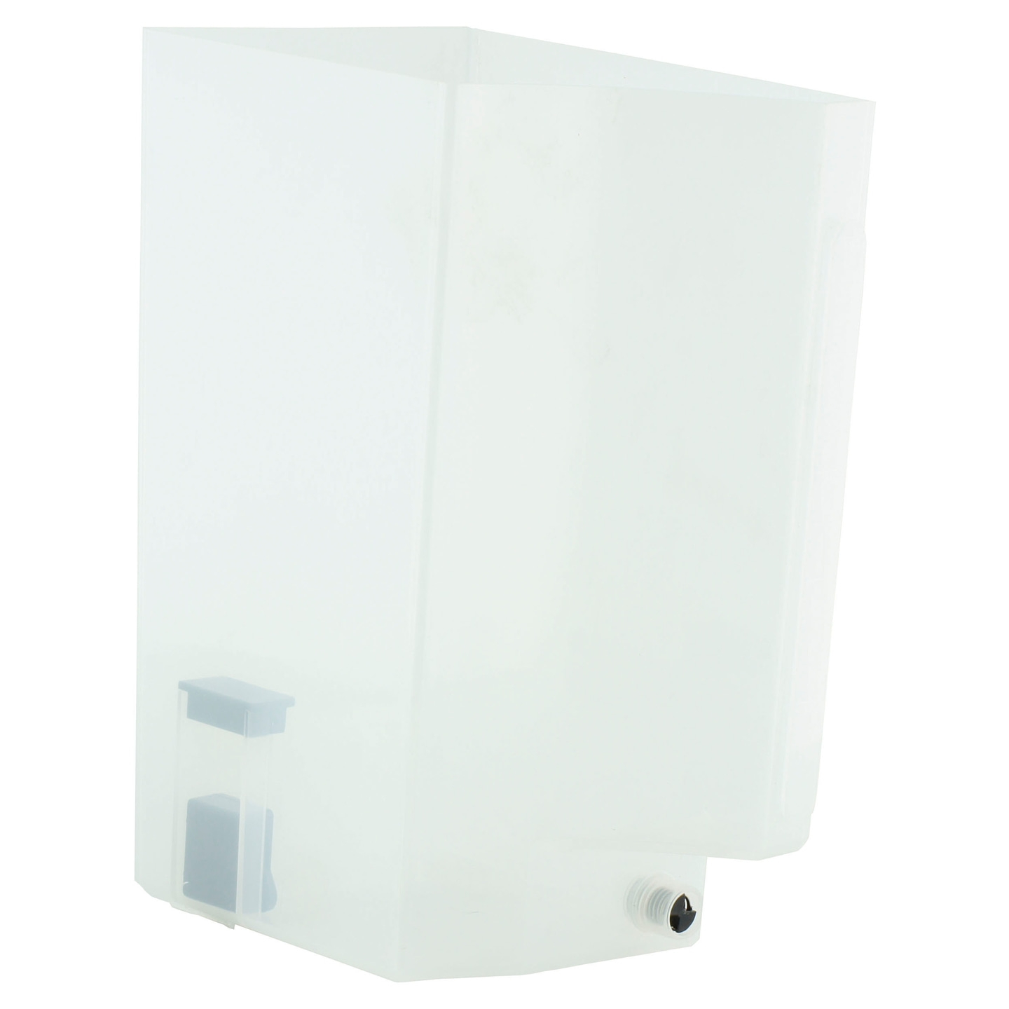 Transparenter Behälter mit schwarzem Auslass, isoliert auf weißem Hintergrund.