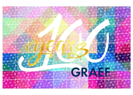 Jahrestag-Design mit '100 Jahre' und 'GRAEF' auf buntem Hintergrund mit Obst-Symbolen.