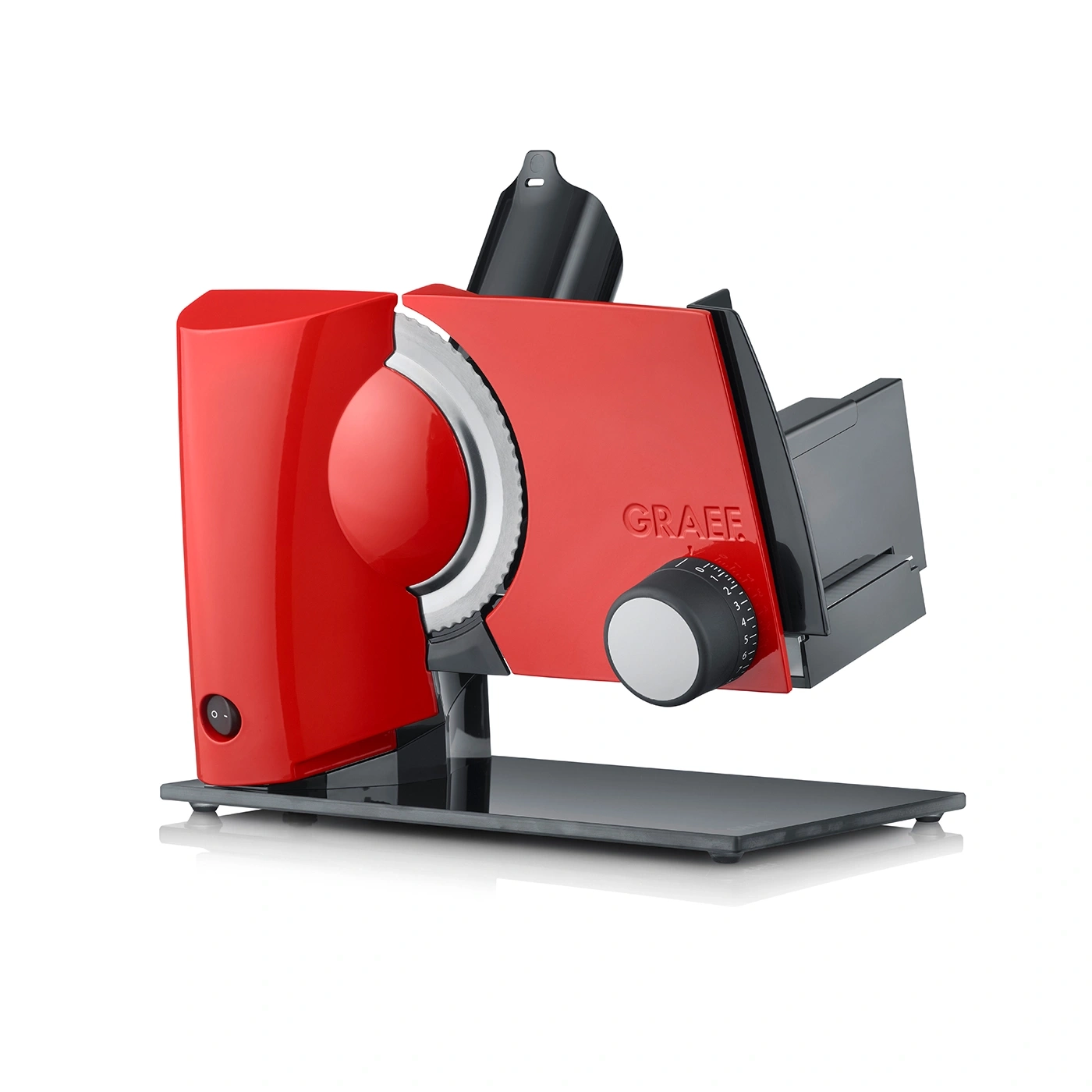 Red Graef slicer with adjustable thickness dial and power button, modern design.