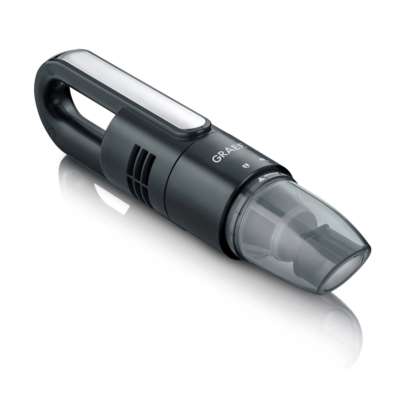 Black handheld vacuum cleaner with handle and transparent container, brand GRAEF.