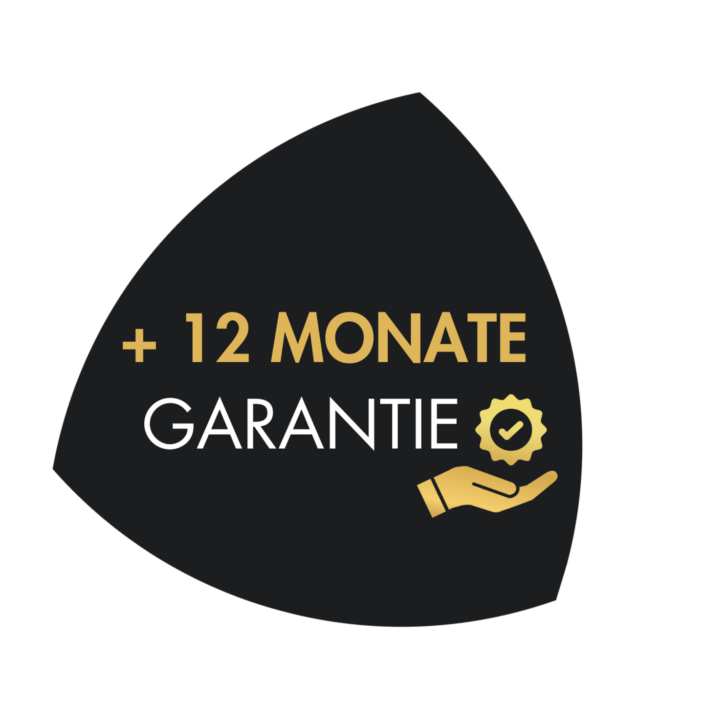 12 Monate Garantie, goldenes Logo, schwarzer Hintergrund, Hand