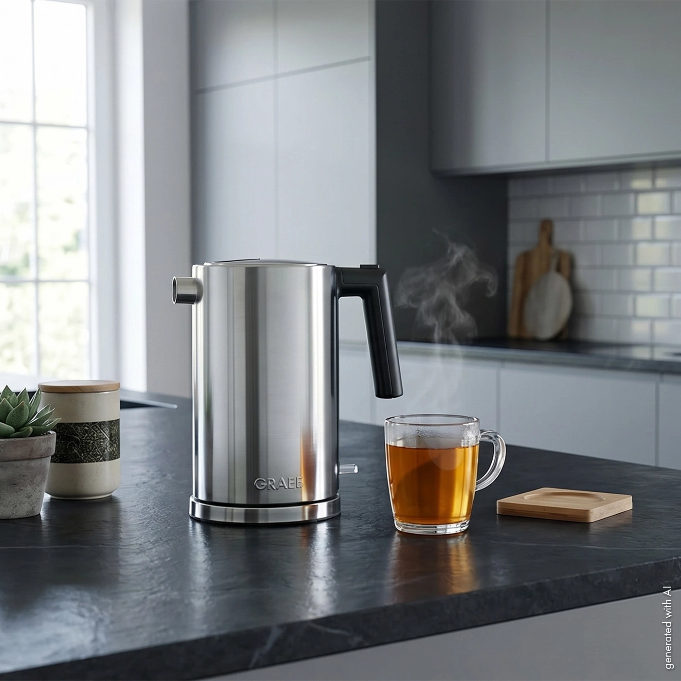 Stainless steel kettle with steaming cup of tea on kitchen countertop.