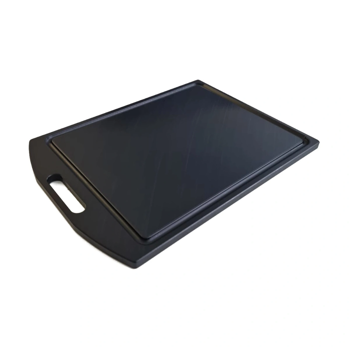 Black rectangular grill plate with handle, isolated on white background