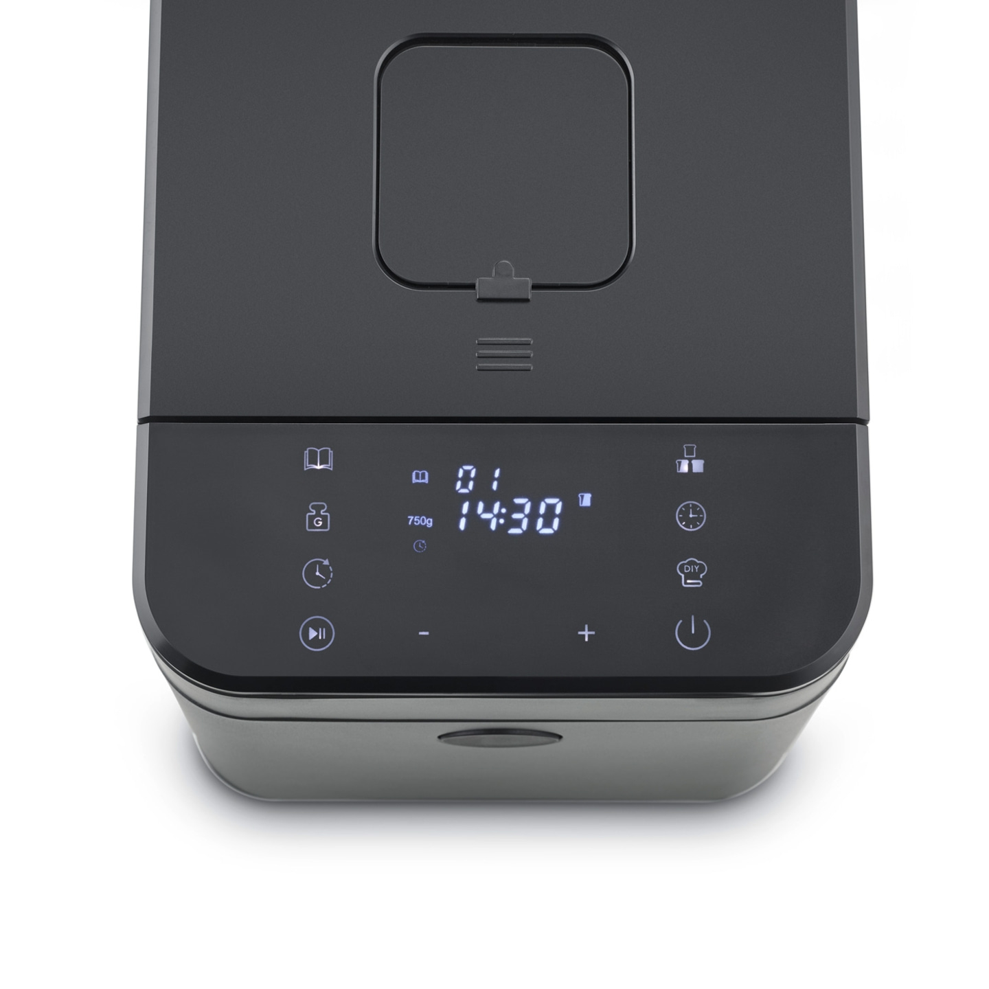 Schwarzer Brotbackautomat mit Display und Bedienelementen. Backen, Zeit, Gewicht.