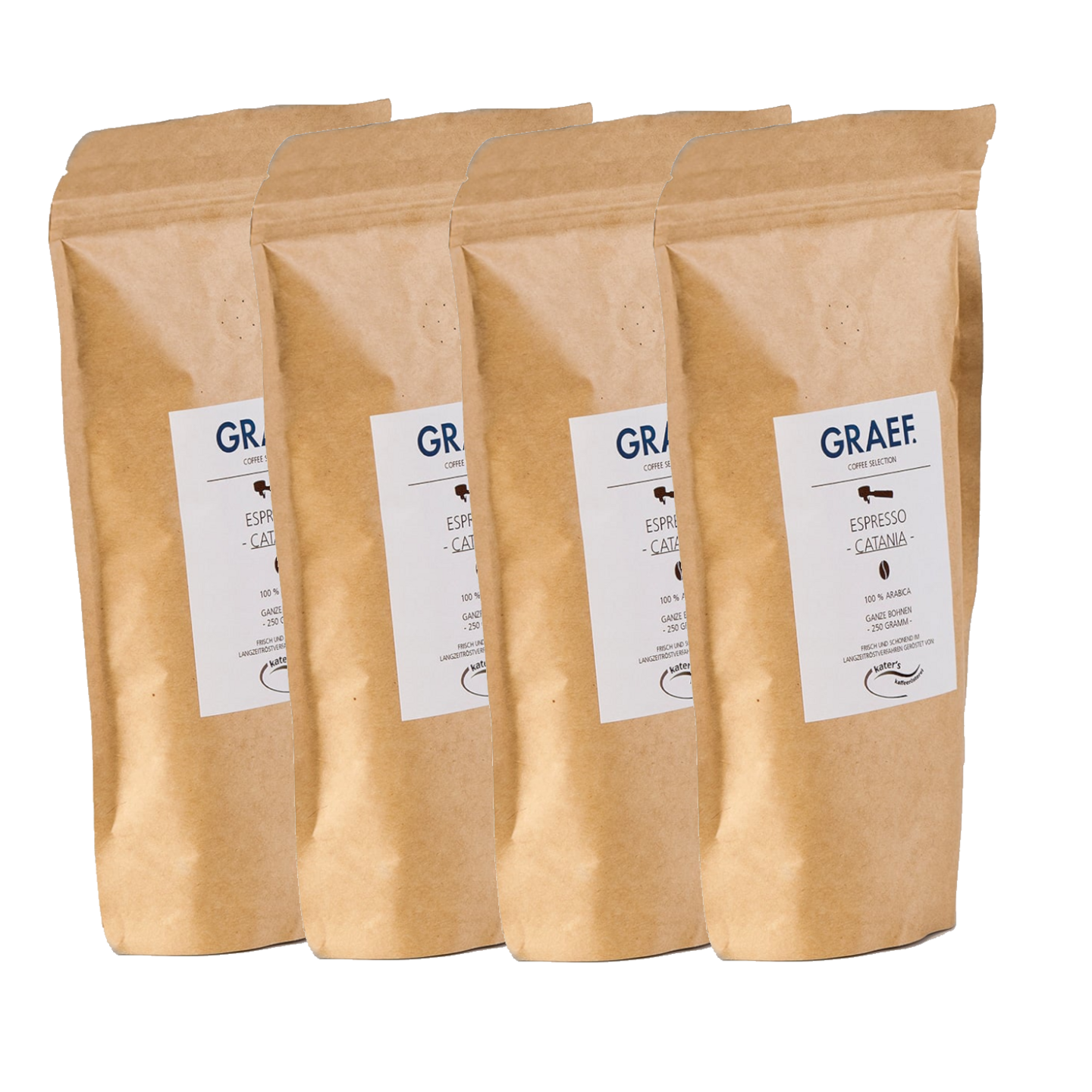 Four coffee bags of Espresso Catania, 100% Arabica, 250g, freshly roasted coffee beans.