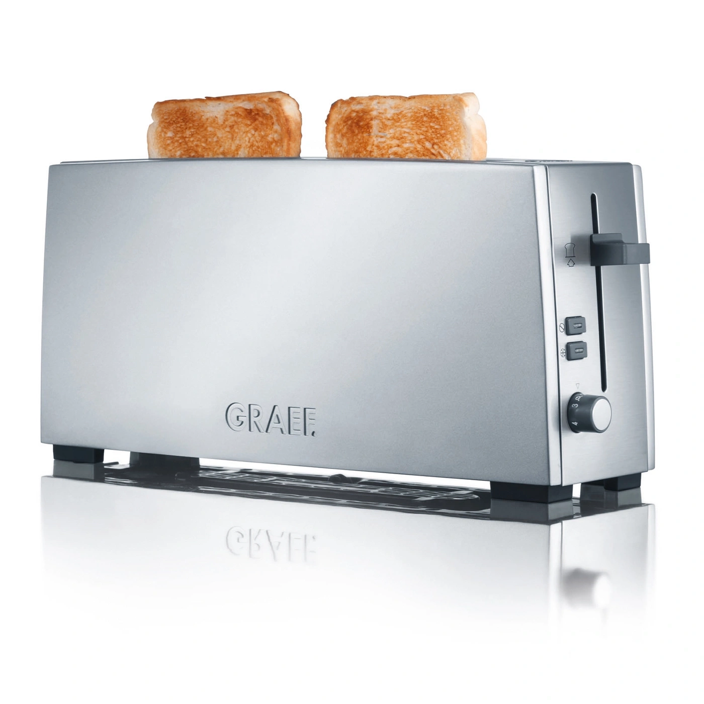 Silver Graef toaster with two slices of toast on a white background