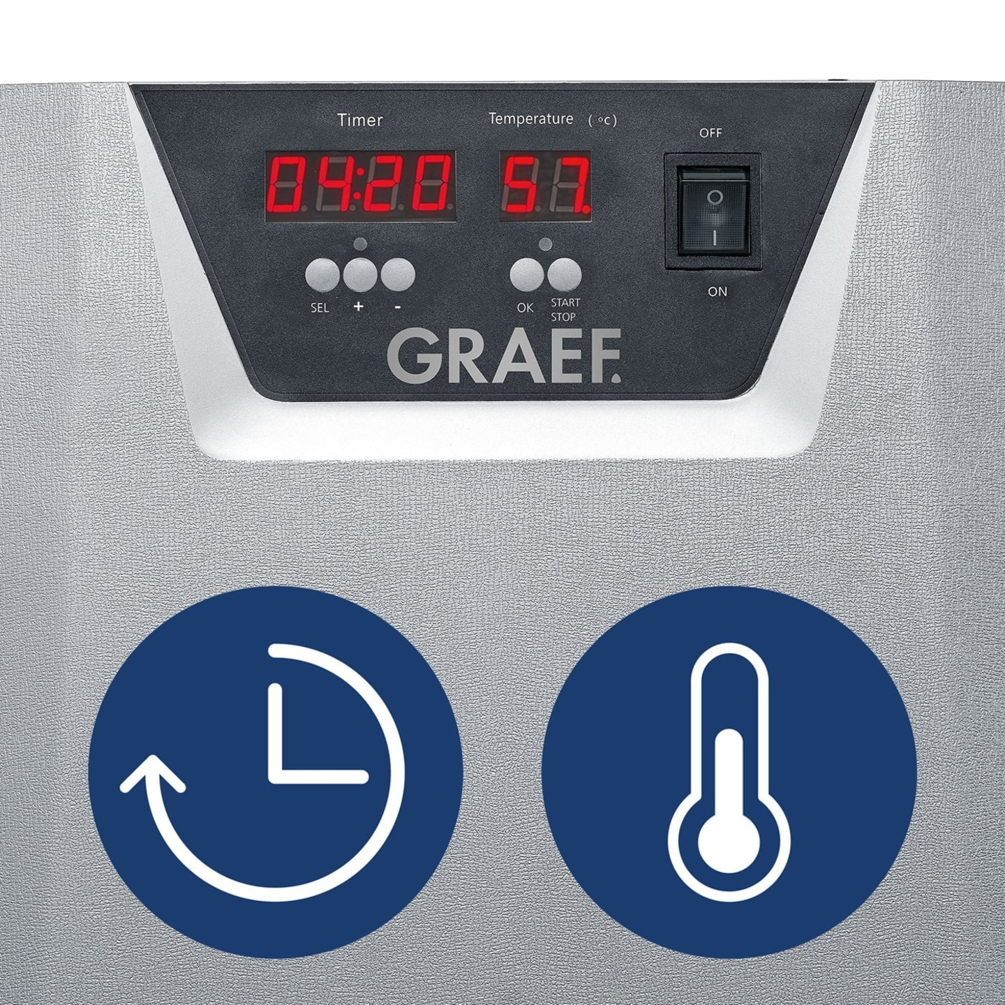 Timer und Temperaturanzeige mit Bedienknöpfen und GRAEF-Logo.