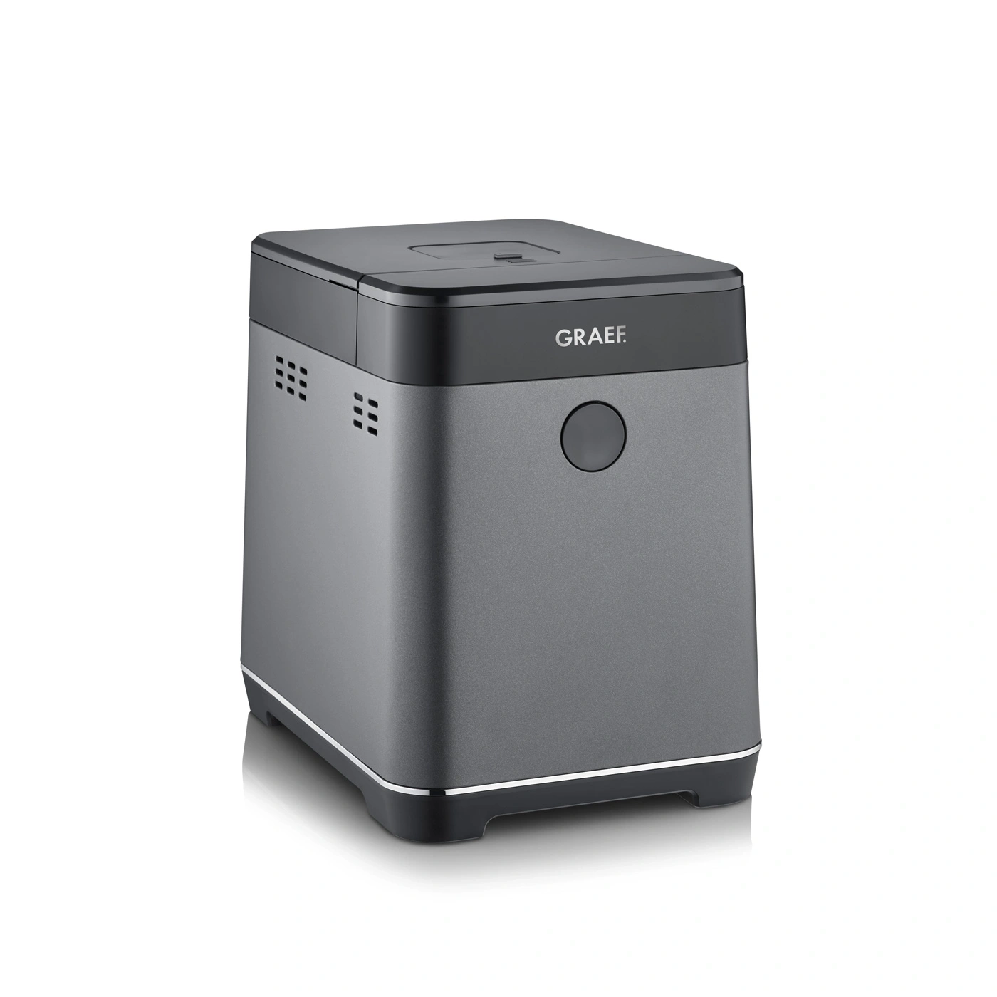 Graef ice cube maker, gray, modern, square, with logo and button