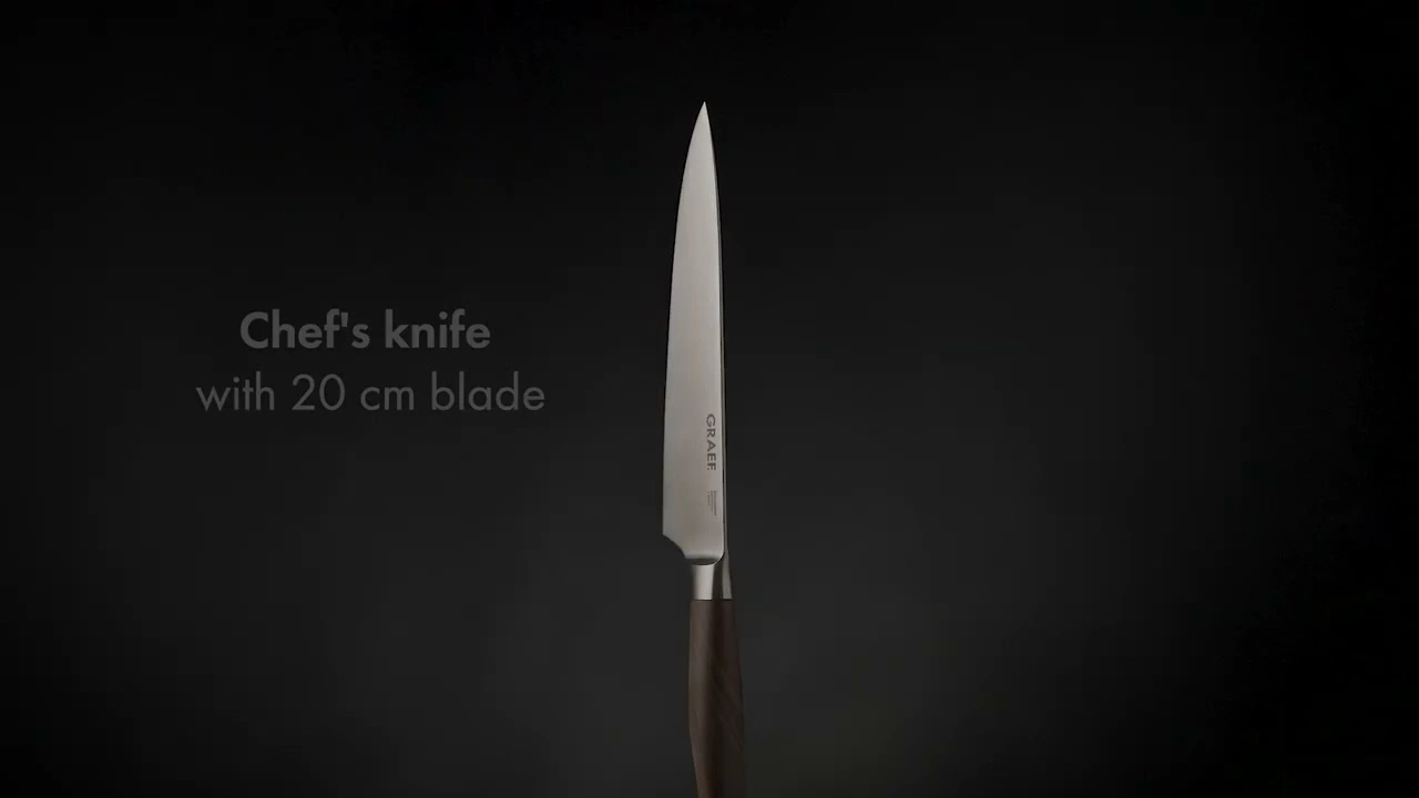 A sharp chef's knife with a 20 cm blade and a dark handle.