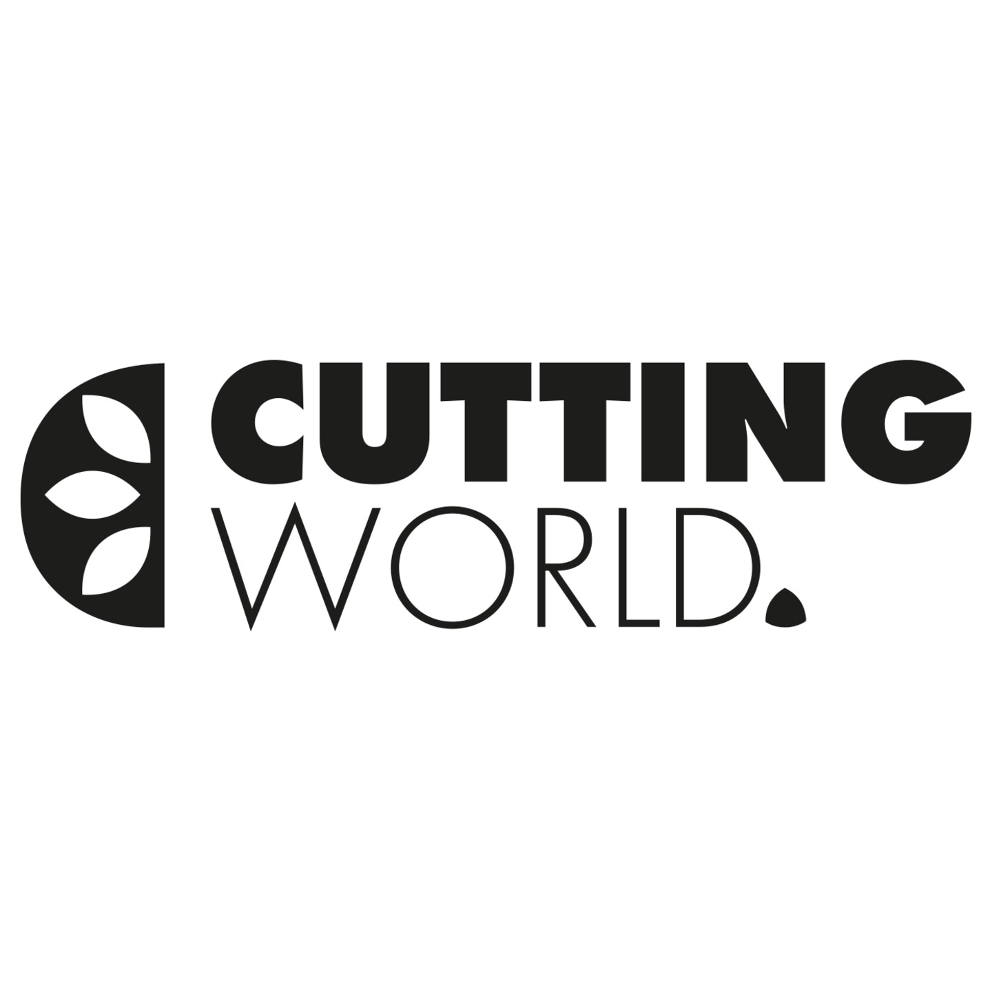Cutting World logo, black on white background, text and symbol, simple design.