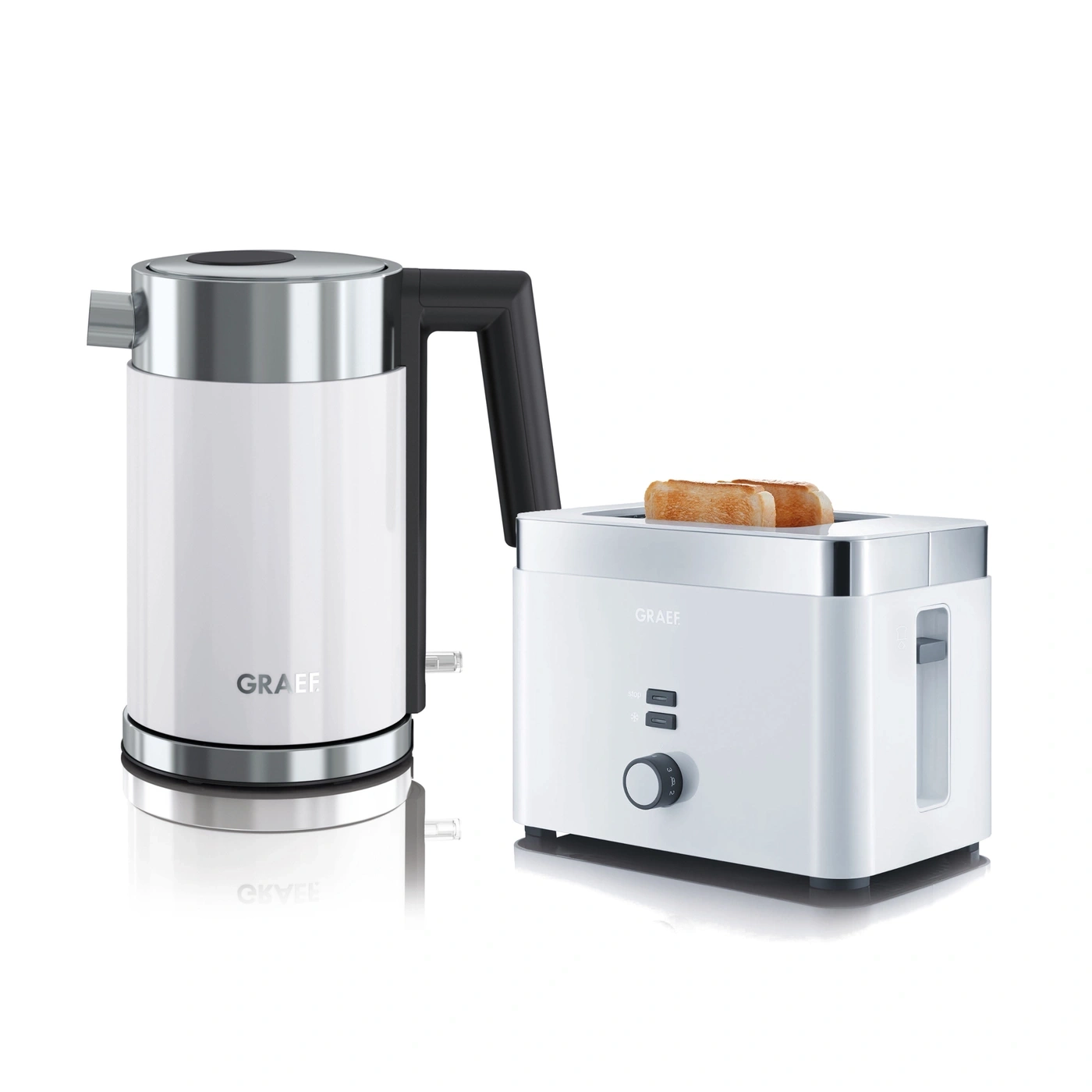 White kettle and toaster set with GRAEF logo on a white background.