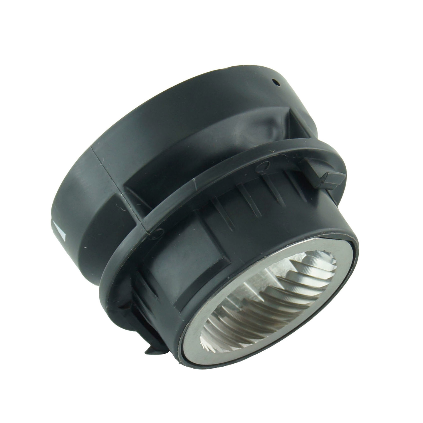 Schwarzes Kunststoffteil mit Metallgewinde, isoliert auf weißem Hintergrund.