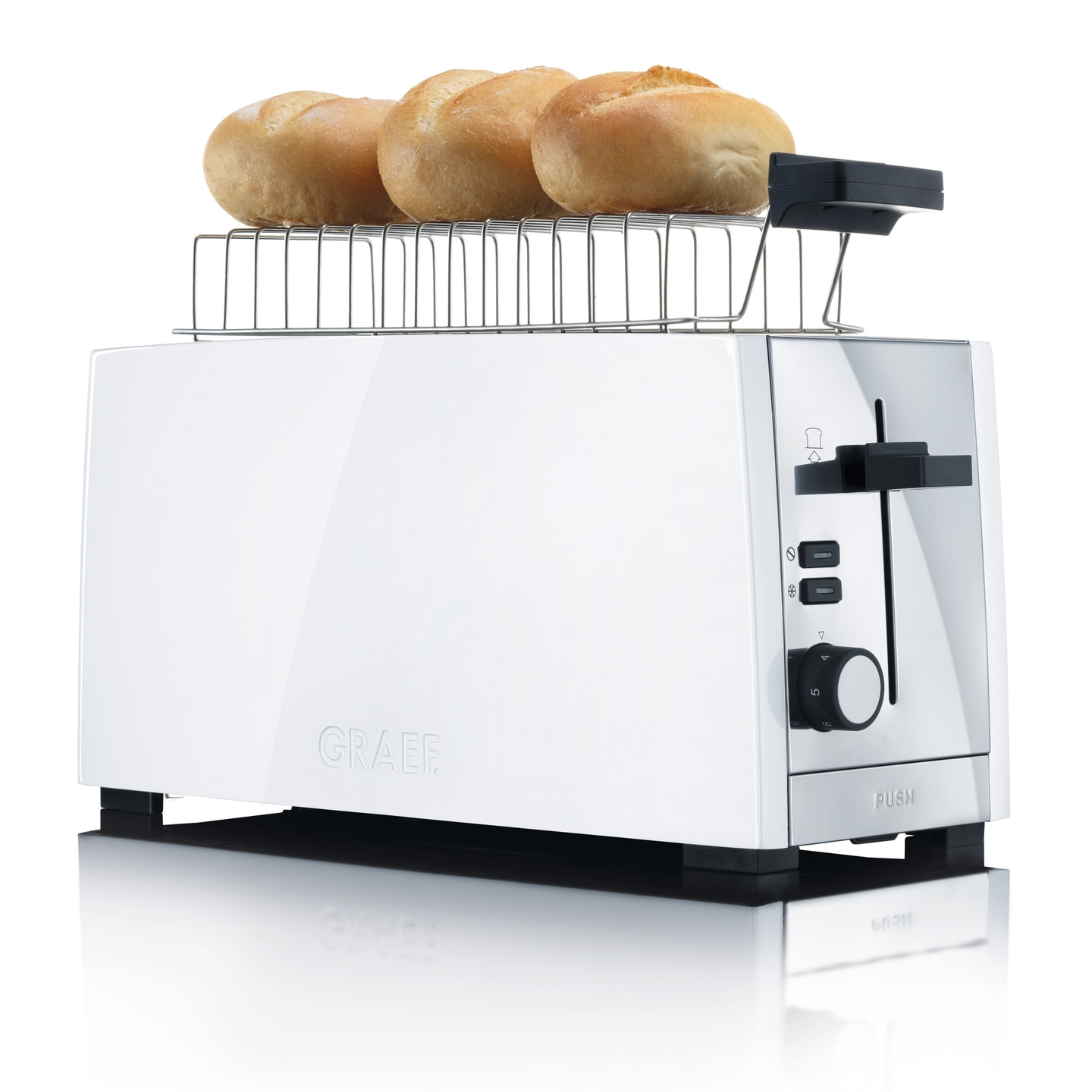 Weißer Toaster mit Brötchen, Edelstahl, Graef, Brot, Küche, Gerät, Essen