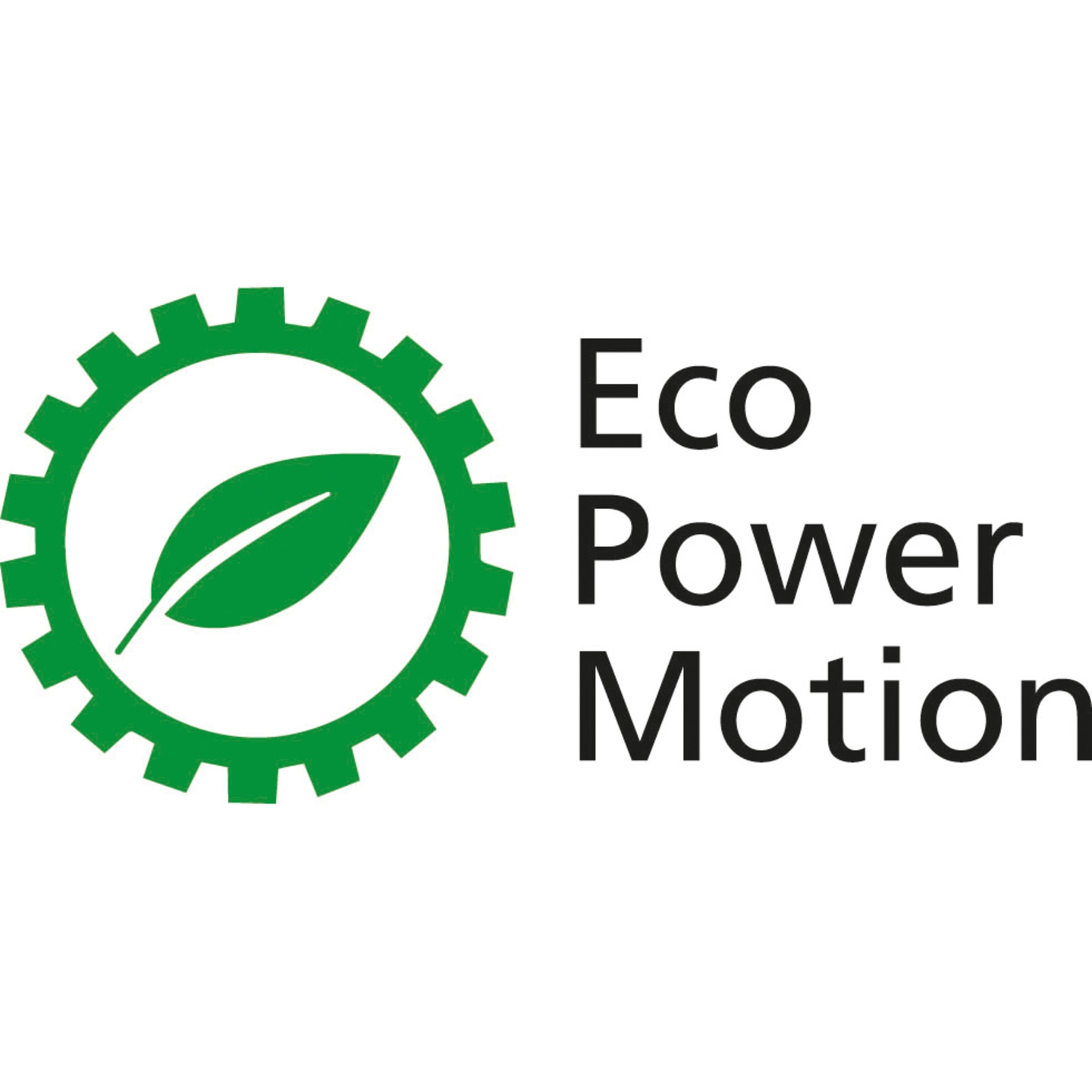 Logo mit Zahnrad, Blatt und Text 'Eco Power Motion' in Grün und Schwarz