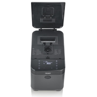 Bread maker with open lid, control panel, and GRAEF logo.