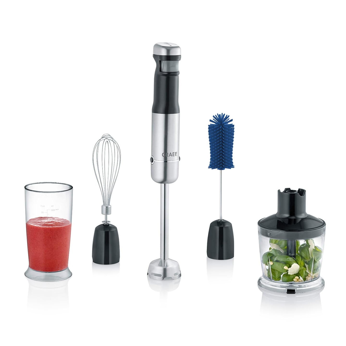 Stabmixer-Set mit Zubehör, Glas, Schneebesen, Bürste und Behälter.