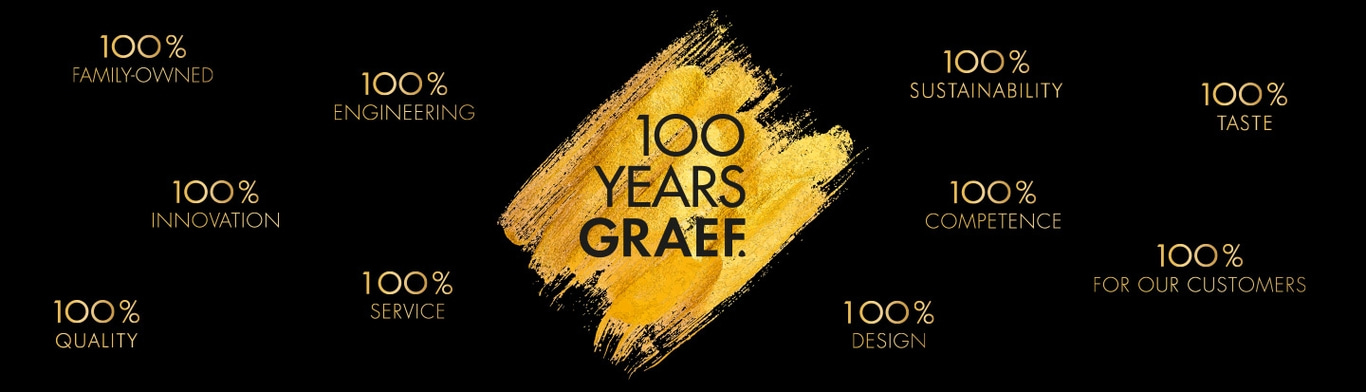Golden logo for Graef's 100th anniversary, showcasing various values and attributes.