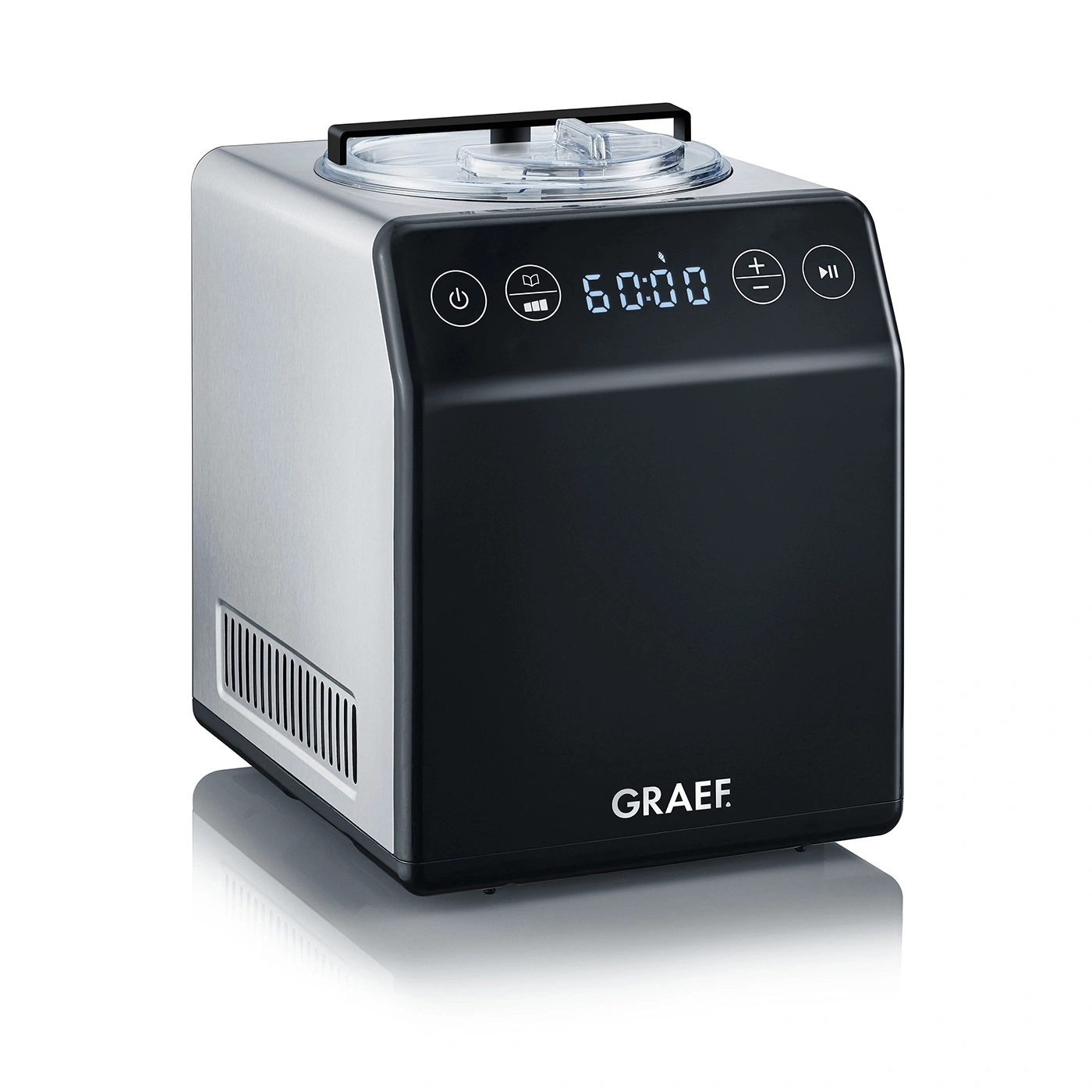 Ice cream maker, black and silver, digital display, GRAEF logo, modern design.