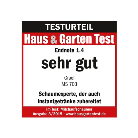 Testurteil Haus & Garten Test, Endnote 1,4, sehr gut, Graef MS 703, Schaumexperte, Instantgetränke