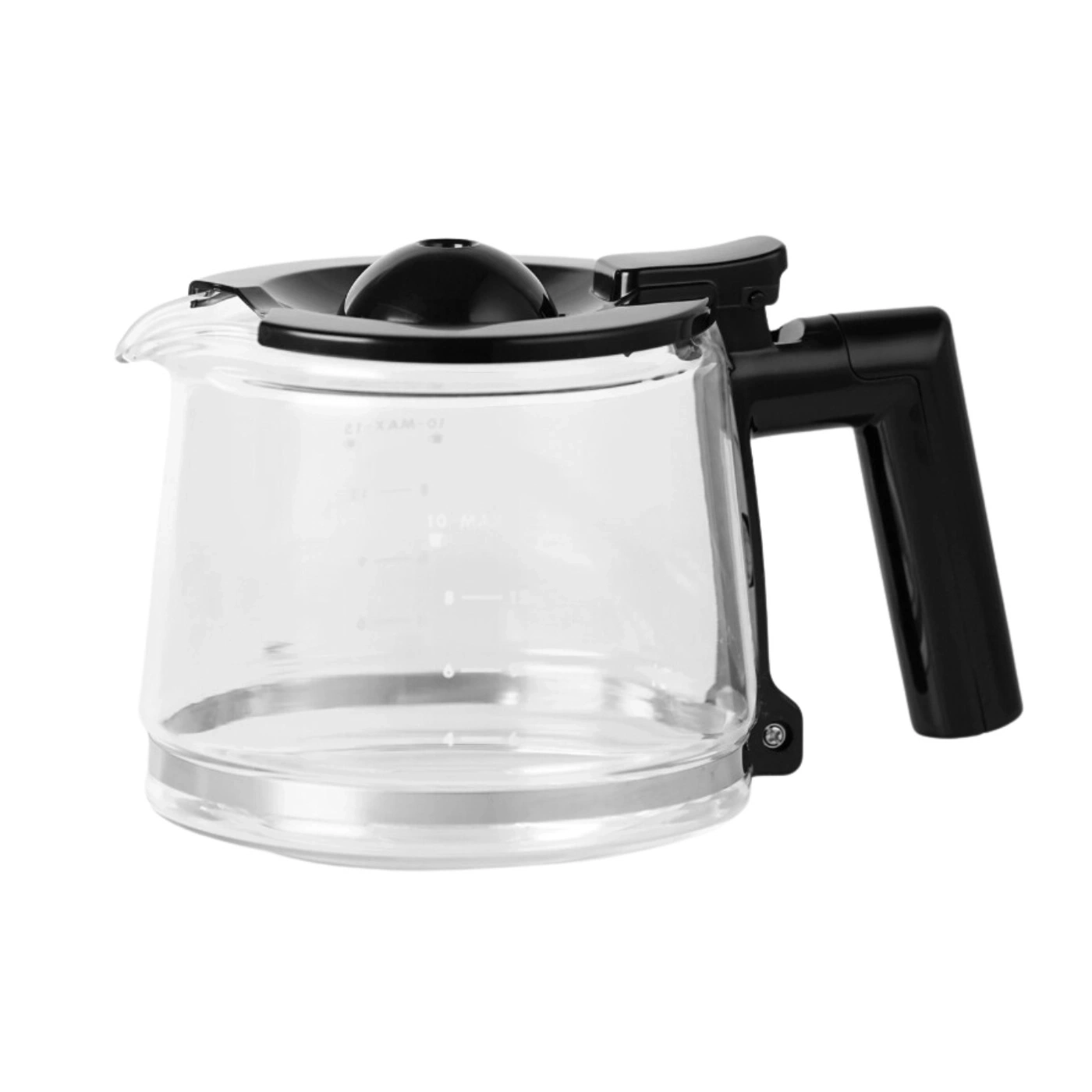 Glass coffee pot with black handle and lid, empty, isolated on white