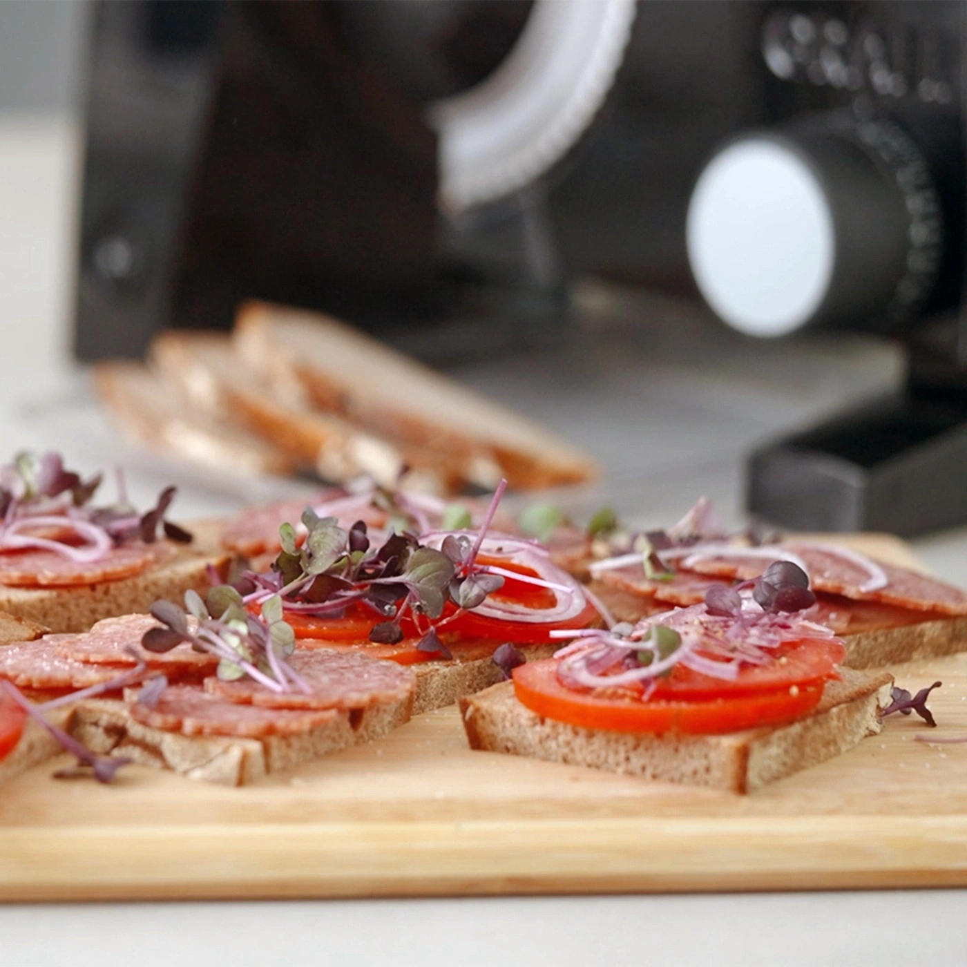 Bread with salami, tomatoes, and onions