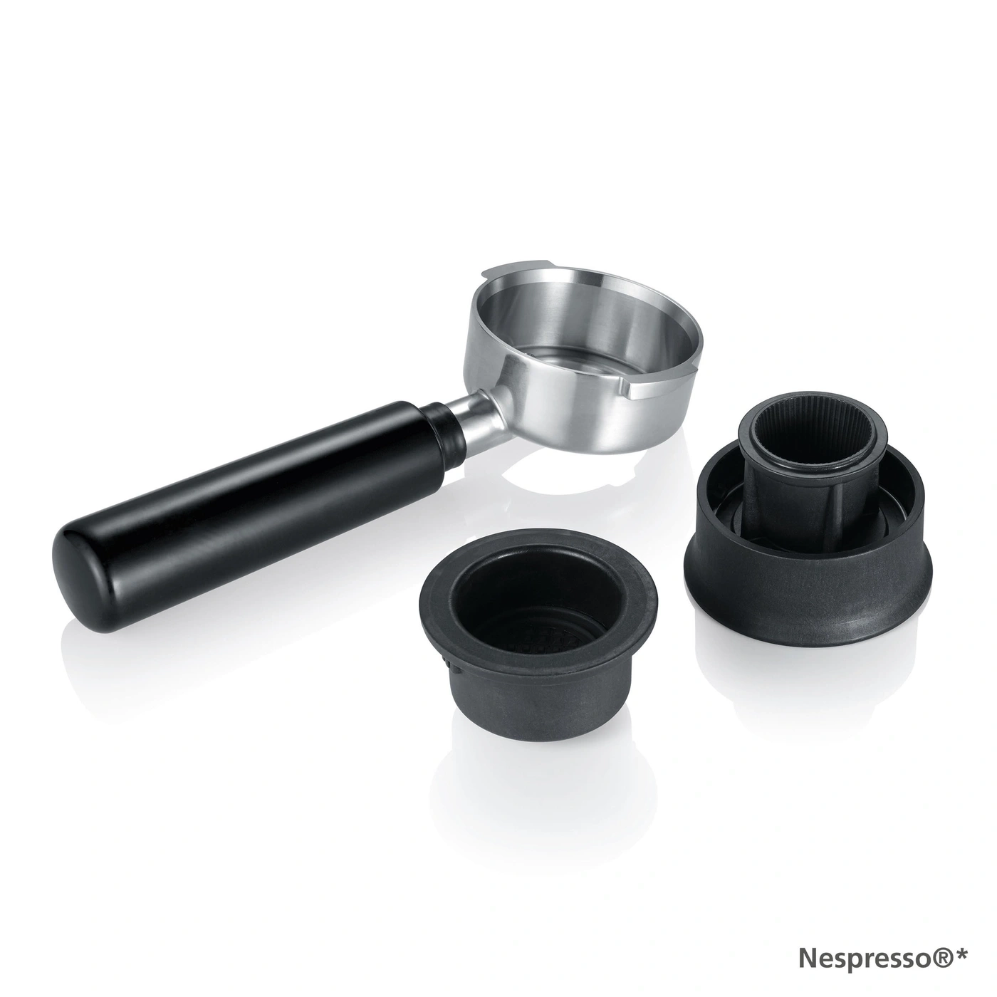 Espresso machine accessories: portafilter, two inserts, black and silver
