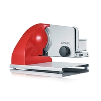 Red and silver GRAEF slicer machine with a black dial and switch.