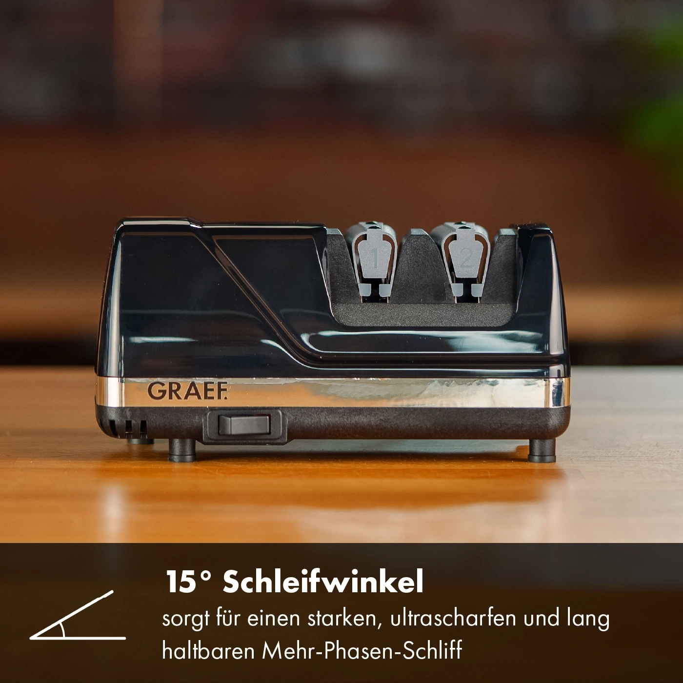GRAEF knife sharpener with 15° sharpening angle for sharp knives.