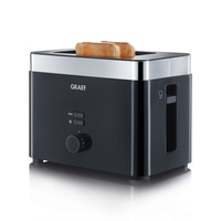 Schwarzer Toaster mit zwei Toastscheiben, Marke GRAEF, Bedienfeld.